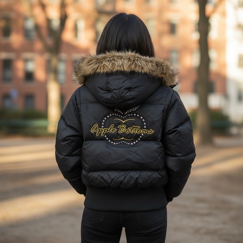 VTG Apple Bottoms Black Puffer Jacket Faux Fur Hood Gold Buttons Quilted Med NEW